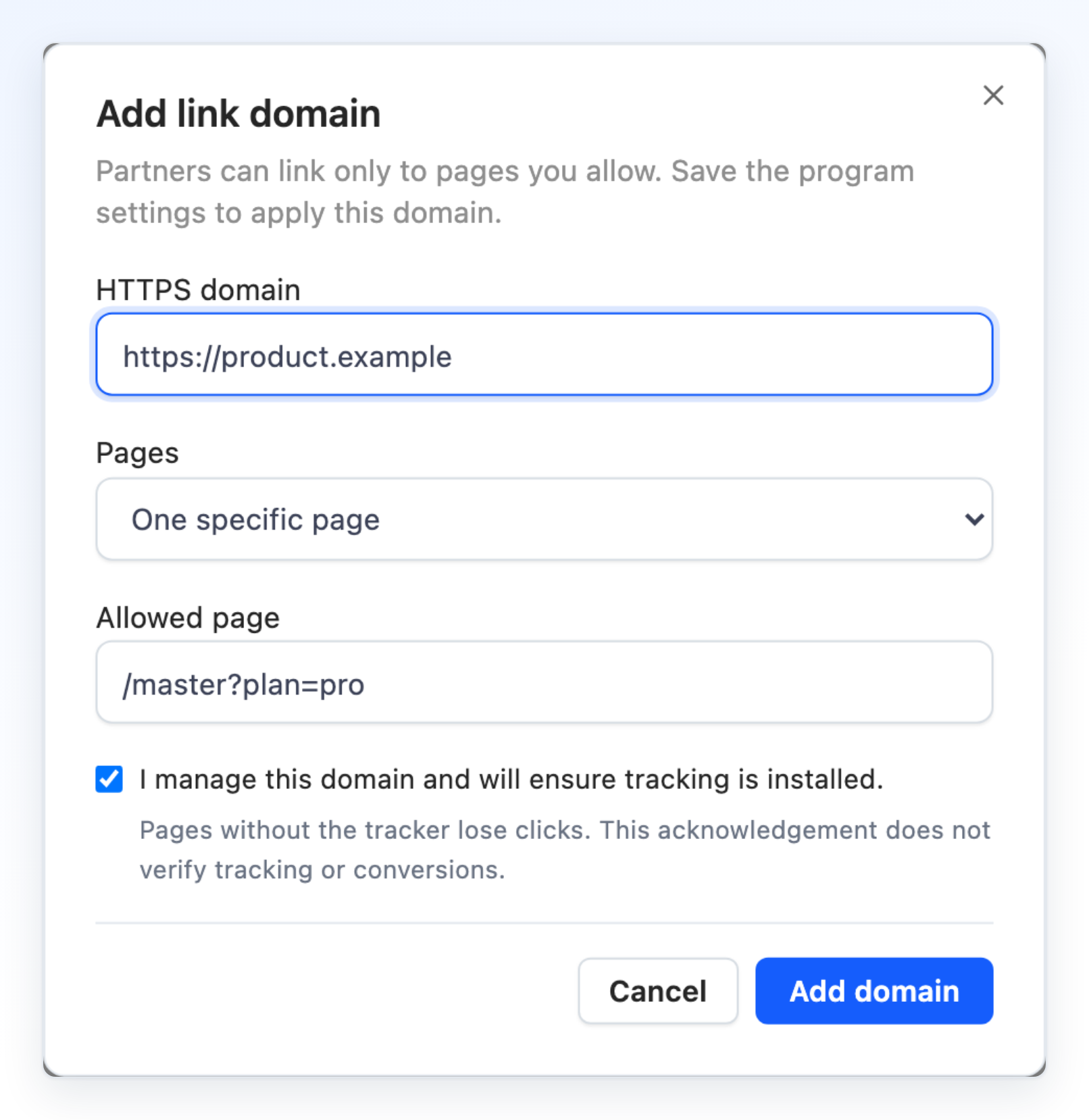 Add link domain dialog with One specific page and the tracking acknowledgement