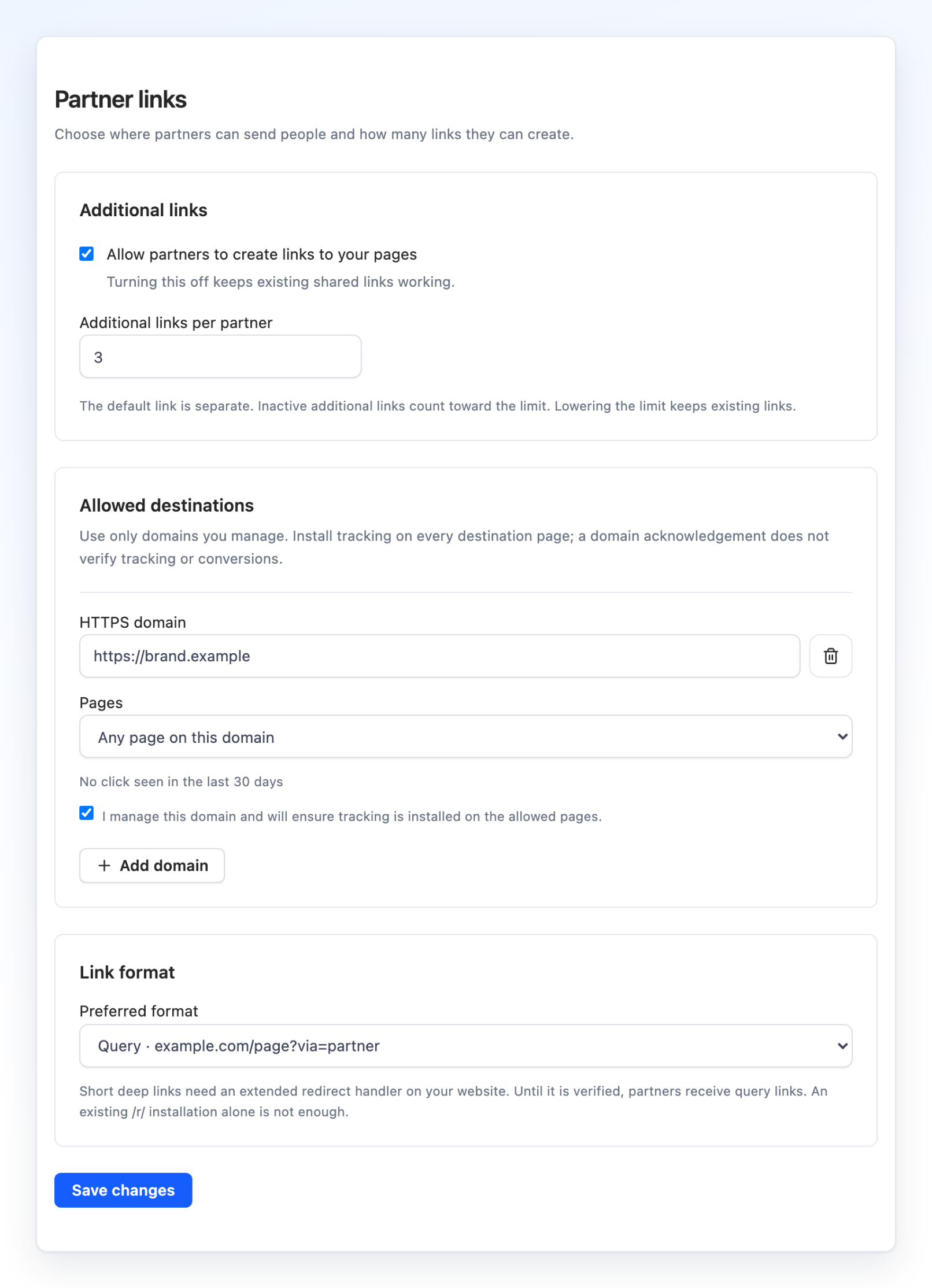 Partner links settings with allowed destinations and a per-partner link limit