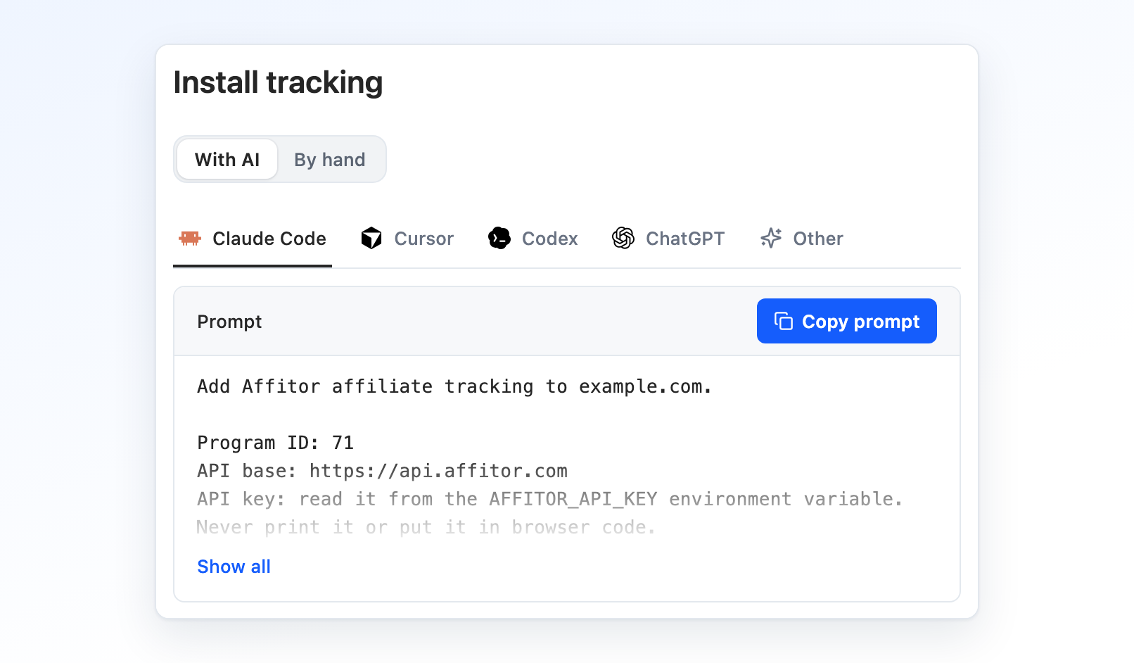 Install tracking on With AI: Claude Code, Cursor, Codex, ChatGPT and Other above a prompt with Program ID 71 and a Copy prompt button