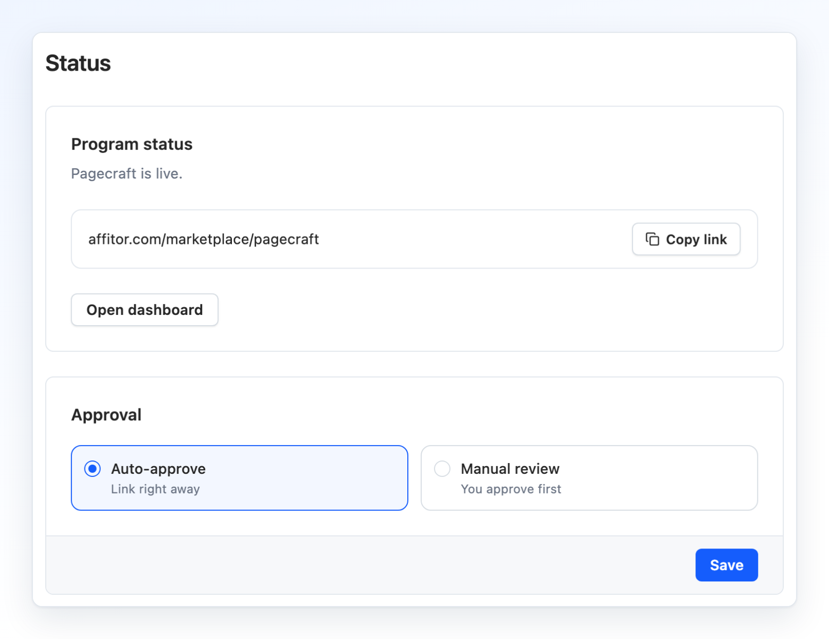 Program settings › Status with the Program status card and, below it, the Approval card: Auto-approve selected, Manual review, and the card's own Save