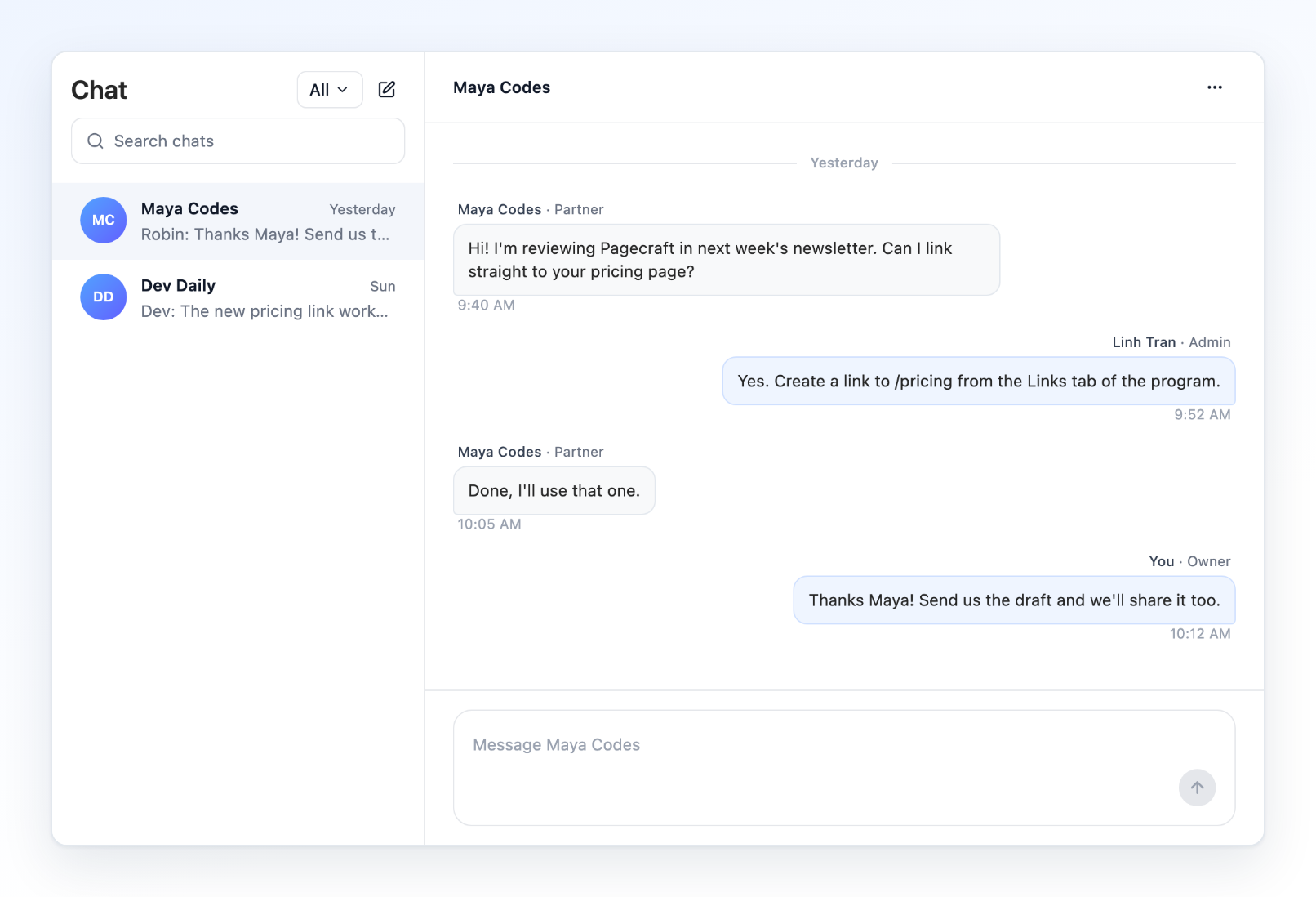A partner chat on the brand side: Maya Codes · Partner on the left, Linh Tran · Admin and You · Owner on the right